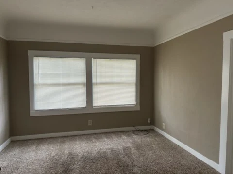 Cleaner dusting shelves in a bright living room
